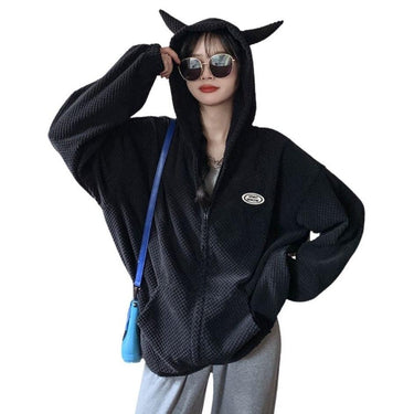 Devil Horn Hooded Popcorn Texture Flannel Jacket: Ideal for the stylish devil from NSE Imports #2.